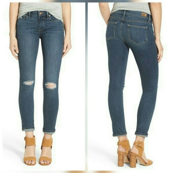 PAIGE Skyline Crop Distressed Cuffed Mid Wash Stretchy Jeans 24 - Picture 1 of 13